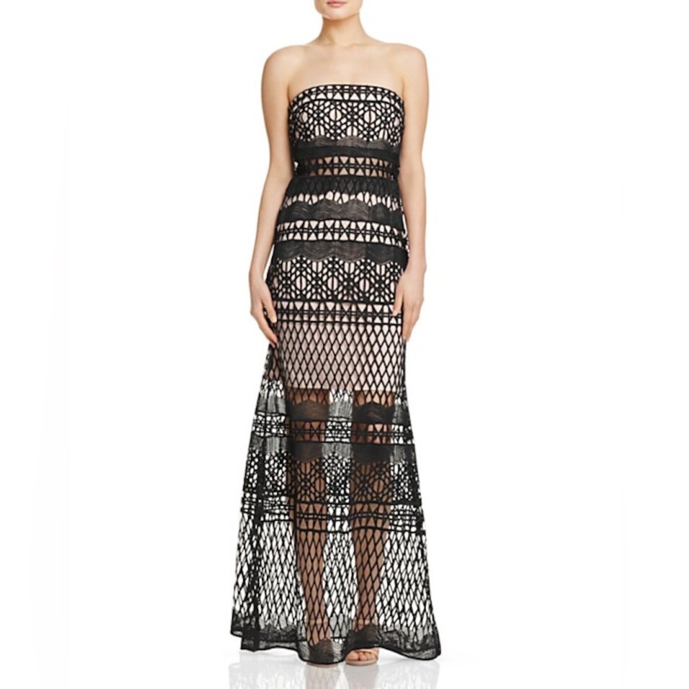 LM Collection Strapless Lace Crochet Gown